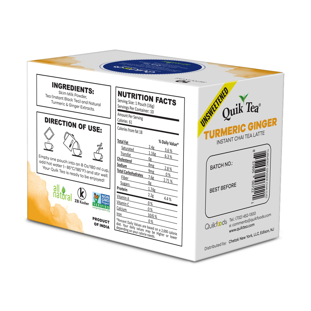 Quik Tea - Unsweetened Turmeric Ginger Chai Tea Latte - 10 Count