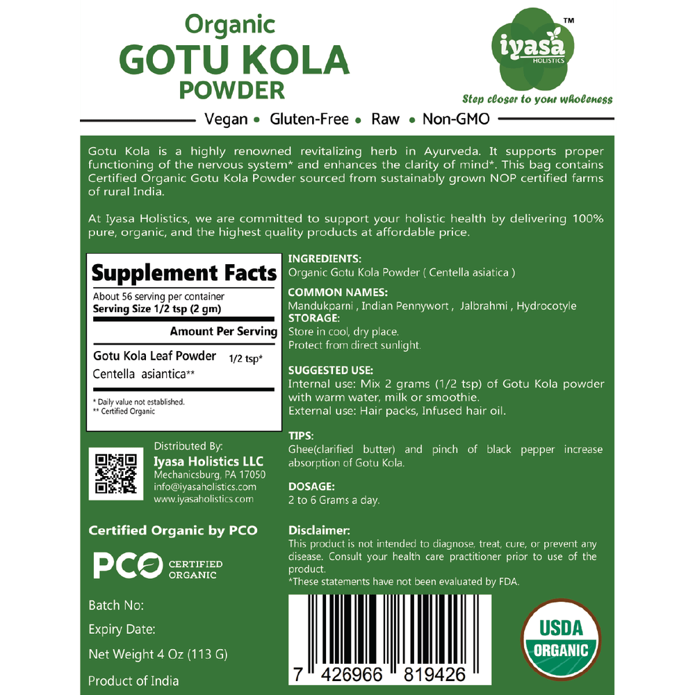 Iyasa Holistics - Organic Gotu Kola Powder - 8 oz