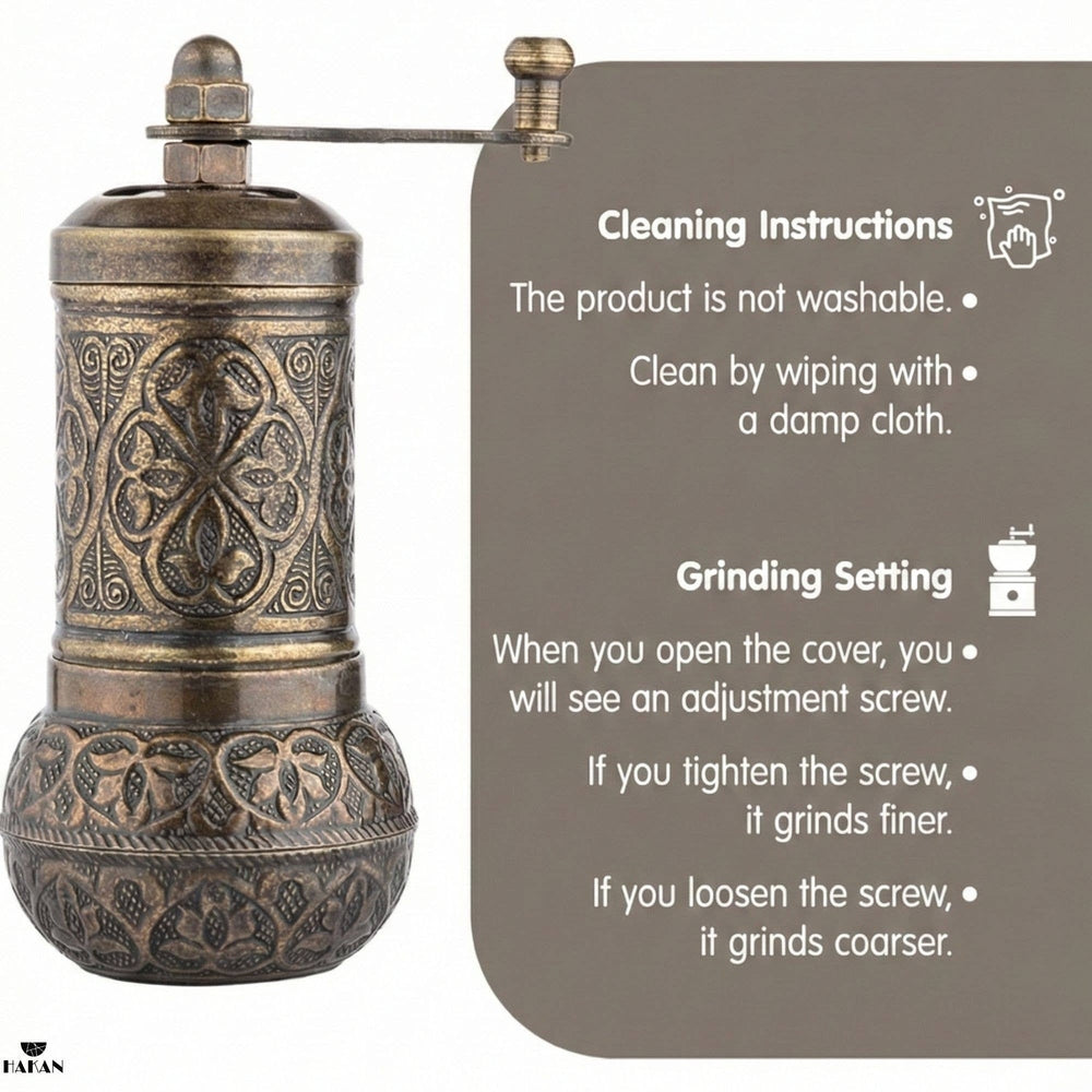 Hakan - Copper Black Pepper Grinder, Refillable Spice Mill, 4.3 in - Antique Gold