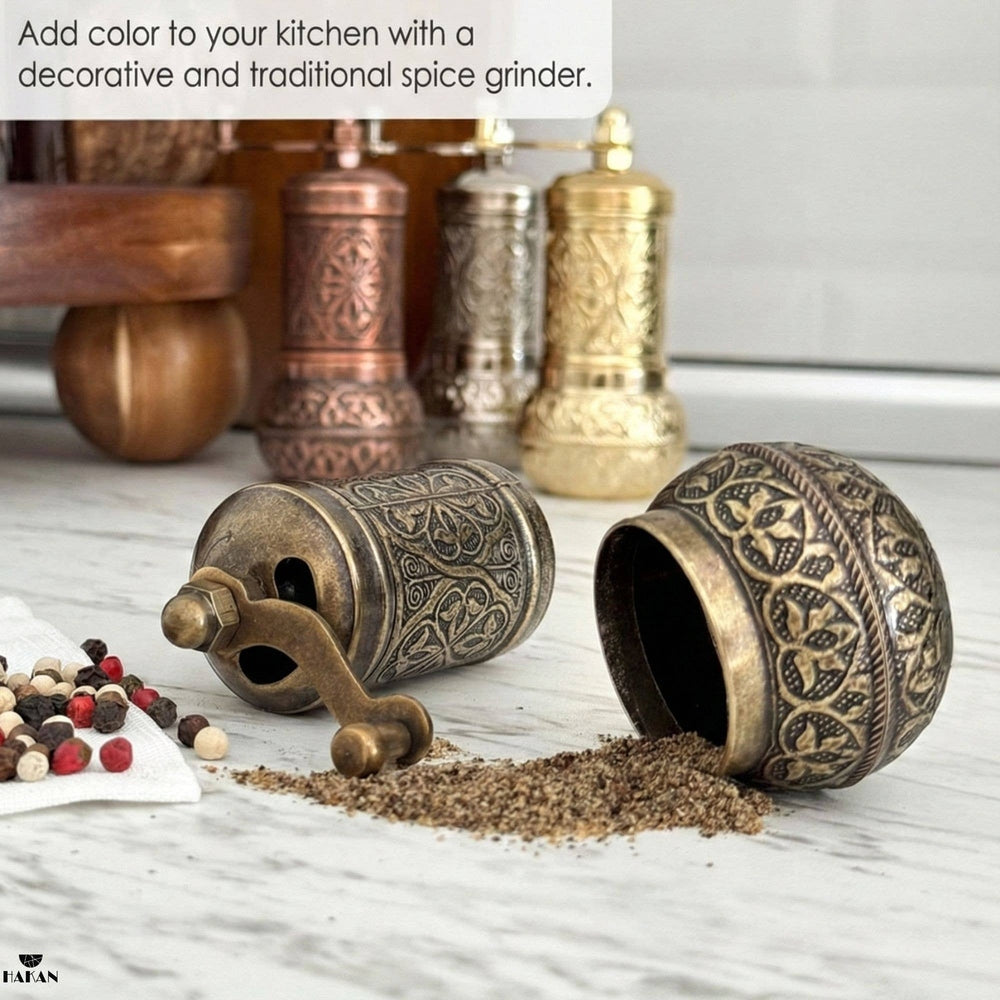 Hakan - Copper Black Pepper Grinder, Refillable Spice Mill, 4.3 in - Antique Gold