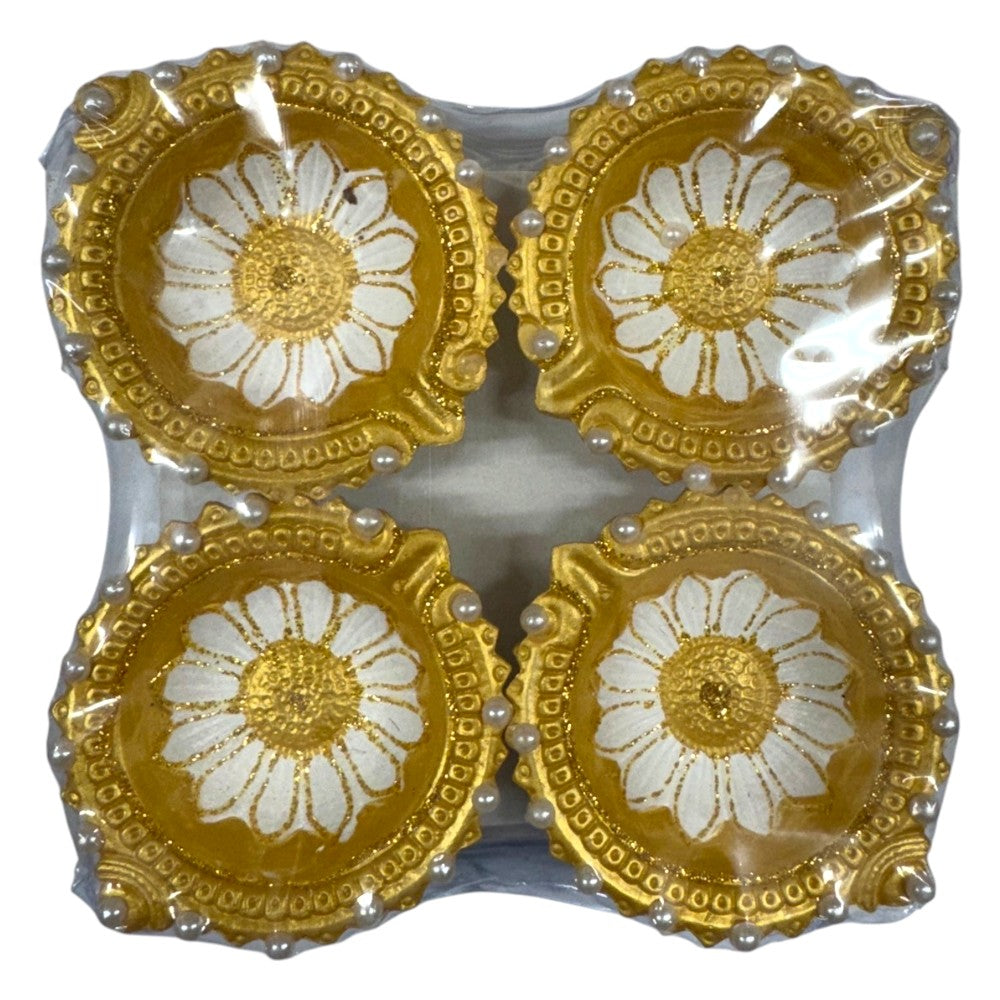 Fancy Diyas - Set of 4 (Round Golden Colorful)