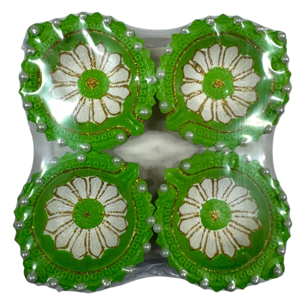 Fancy Diyas - Set of 4 (Round Green Colorful)