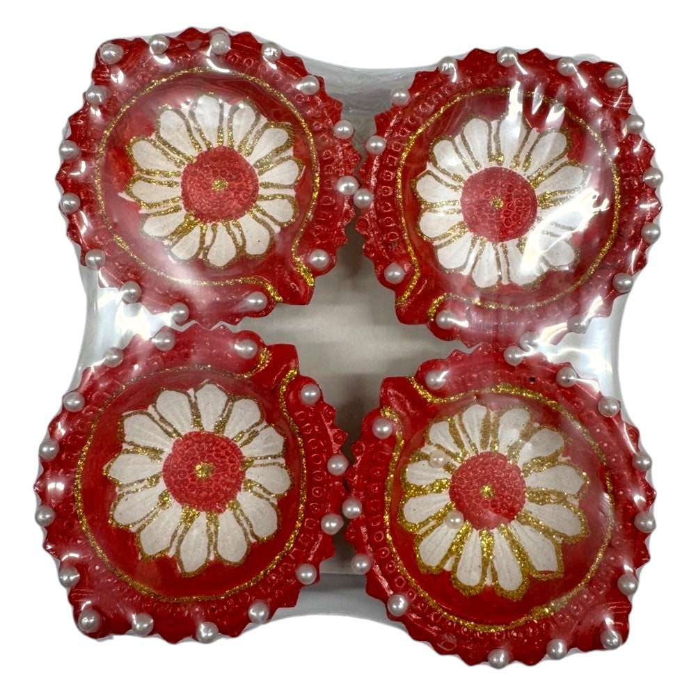 Fancy Diyas - Set of 4 (Round Red Colorful)