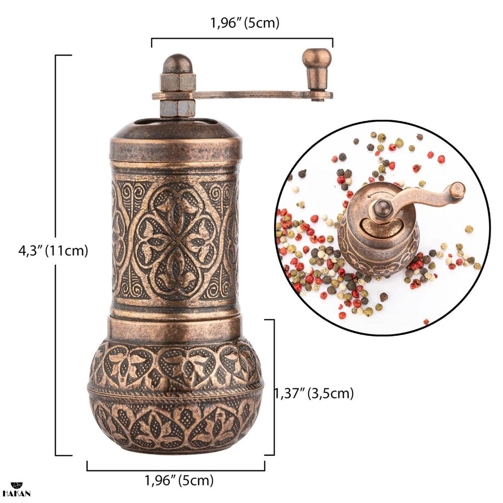 Hakan - Copper Black Pepper Grinder, Refillable Spice Mill, 4.3 in - Antique Gold