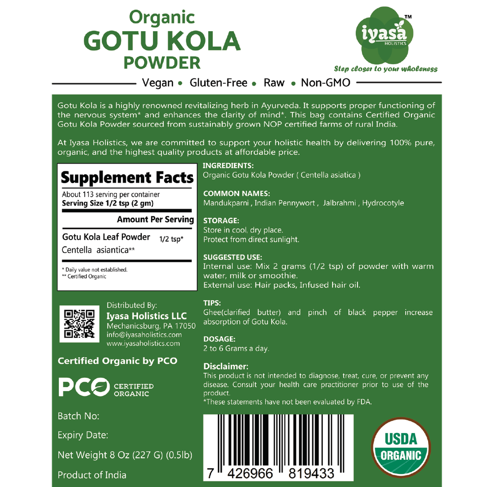 Iyasa Holistics - Organic Gotu Kola Powder - 8 oz