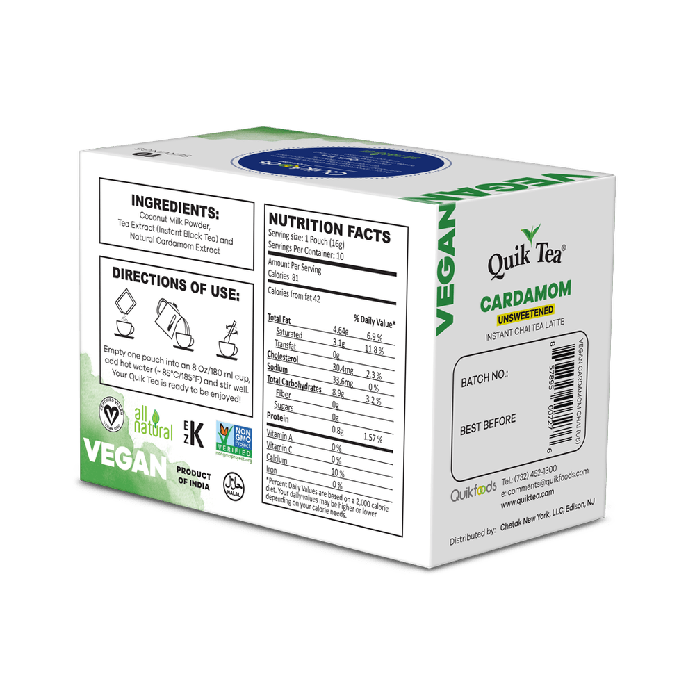 Quik Tea - Vegan Unsweetened Cardamom Chai Tea Latte - 10 Count
